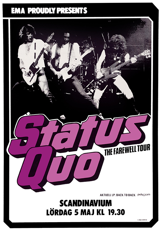 Poster för konsert med Status Quo på SCandinavium. Aktuell LP Back to back. The farewell tour.
