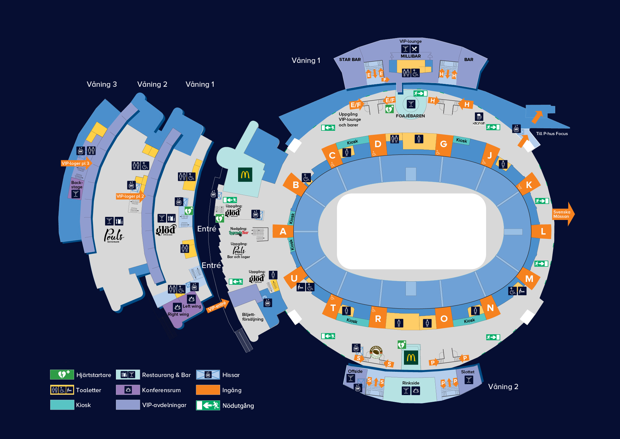 Scandinavium har en huvudentré. Därifrån finns uppgångar till Glöd Kök & Bar och Pouls Restaurang. Runt hela arenan finns flera restauranger, barer, kiosker, garderober och barer. Arenan har fyra våningar.