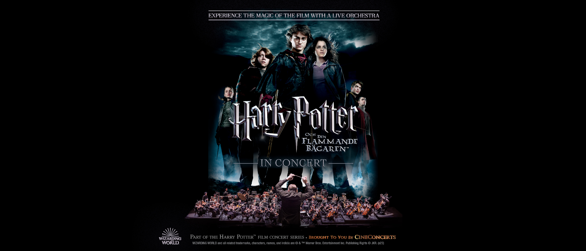 Filmomslag till Harry Potter med en stor symfoniorkester i nederkant.