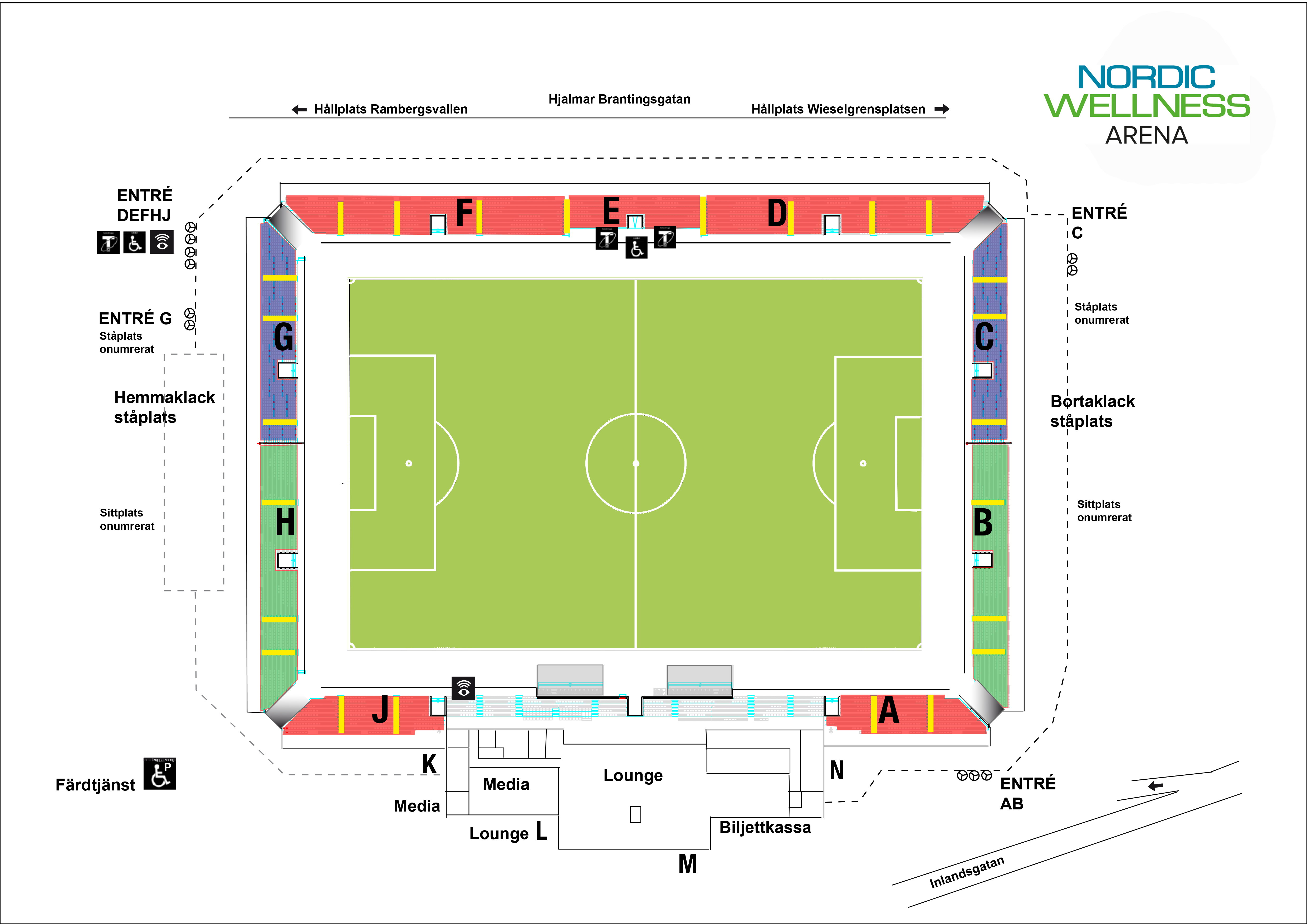 Nordic Wellness Arena ligger längs Hjalmar Brantingsgatan och Inlandsgatan och har fyra olika entréer. Hemmaklacken är på sektion G. Bortaklacken på sektion C. Sektion E har platser för personer med rörelsenedsättning.