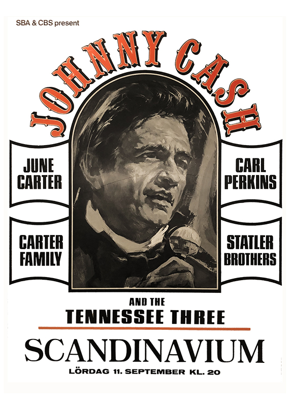 Poster för Johnny Cash konsert den 11 september klockan 20. Johnny Cash and the Tennessee Three, June Carter, Carter Family, Carl Perkins och Statler Brothers.