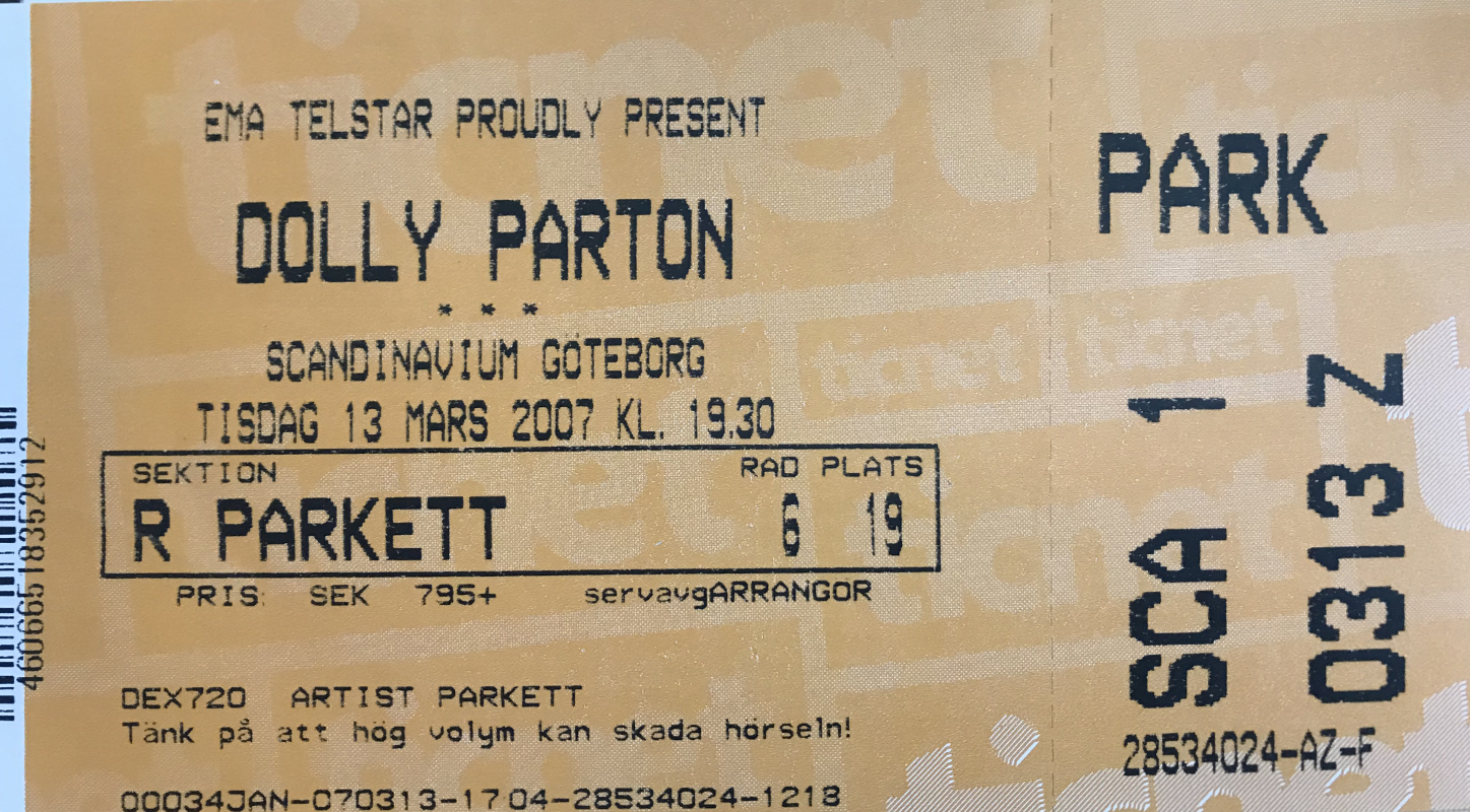 Konsertbiljett till Dolly Parton.
