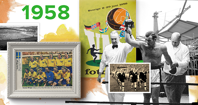 Collage: Gymnastics groups during the inauguration ceremony. Lineup of the Swedish national team before the World Cup in football. The Swedish national team that marches into Ullevi before the first match at the arena. Ingemar Johansson with boxing gloves.