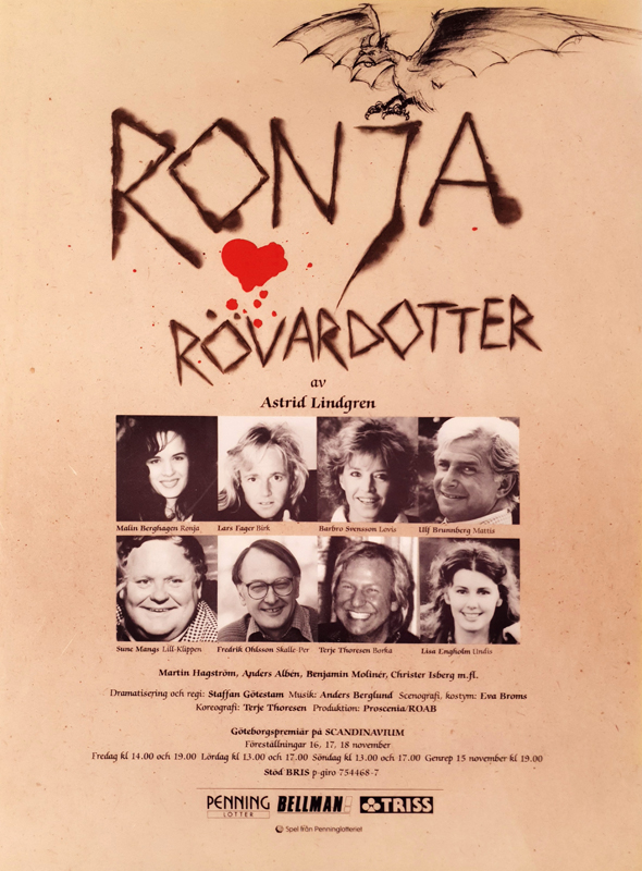 Poster för barnteatern Ronja Rövardotter av Astrid Lindgren.