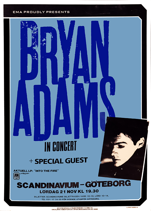 Poster för Bryan Adams in concert. Aktuell LP into the fire.
