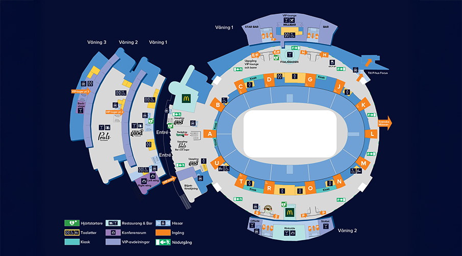 Scandinavium har en huvudentré. Därifrån finns uppgångar till Glöd Kök & Bar och Pouls Restaurang. Runt hela arenan finns flera restauranger, barer, kiosker, garderober och barer. Arenan har fyra våningar.