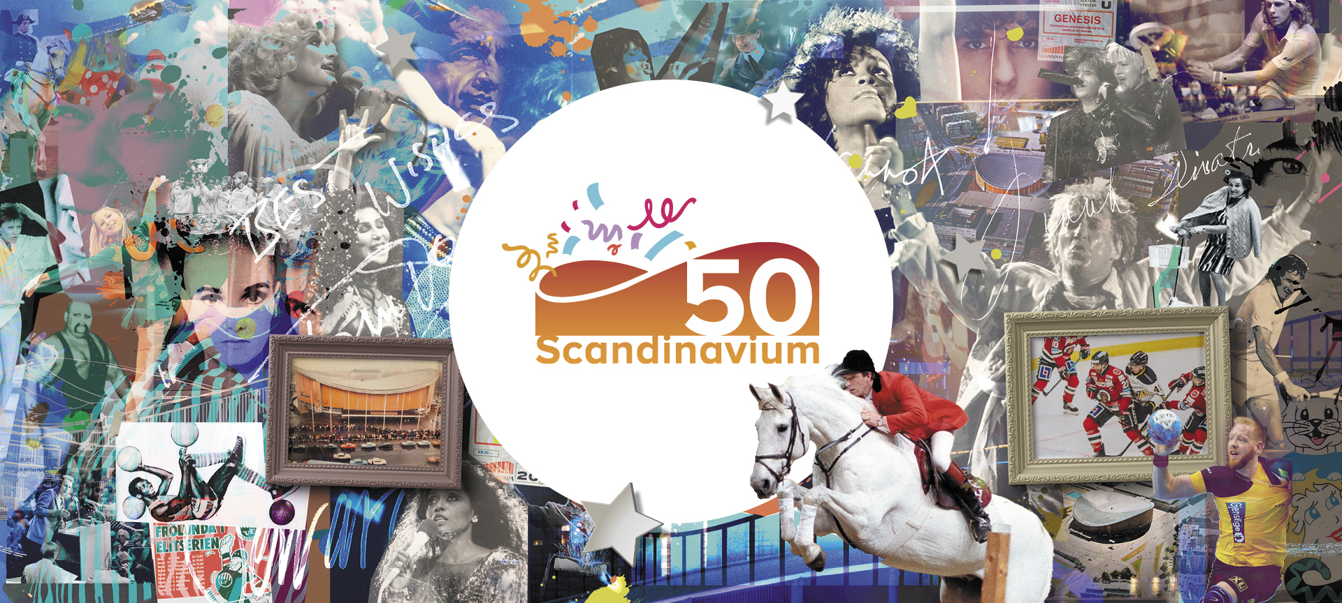 Kollage över historiska evenemang på Scandinavium. I mitten syns en logotyp med siffran 50.