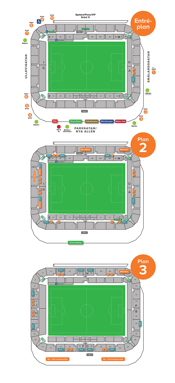 Gamla Ullevi is located along the streets Ullevigatan, Parkgatan and Smålandsgatan. There are 11 different entrances and five ticket offices around the arena. Wheelchair spaces are available in section K and to get there you use entrance 9. The arena has three levels.