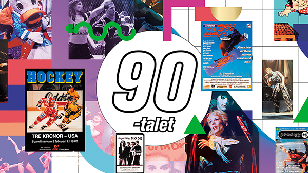 Ett kollage med bilder från evenemang på Scandinavium under 1990 till 1999. Bland annat syns Depeche Mode, David Bowie och Prodigy.