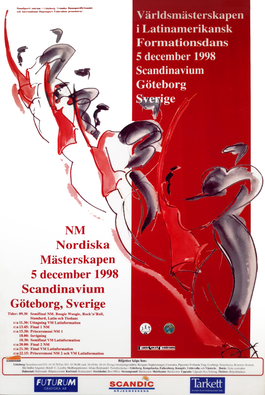 Poster för världsmästerskapen och nordiska mästerskapen i latinamerikansk formationsdans i Scandinavium 5 december 1998.