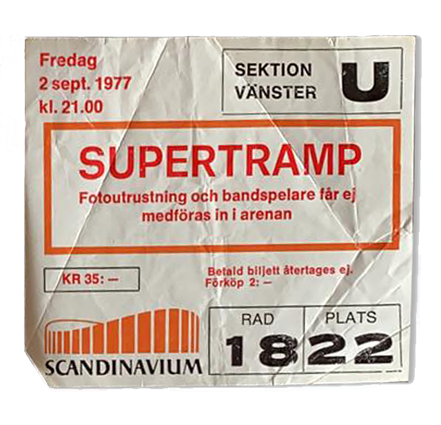Konsertbiljett till Supertramp den 2 september 1977. Biljetten kostade 35 kronor.