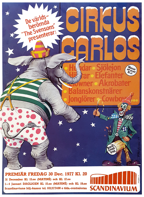 Evenemangsposter. De världsberömda The Svenssons presenterar Cirkus Carlos. Premiär fredag 30 december 1977.