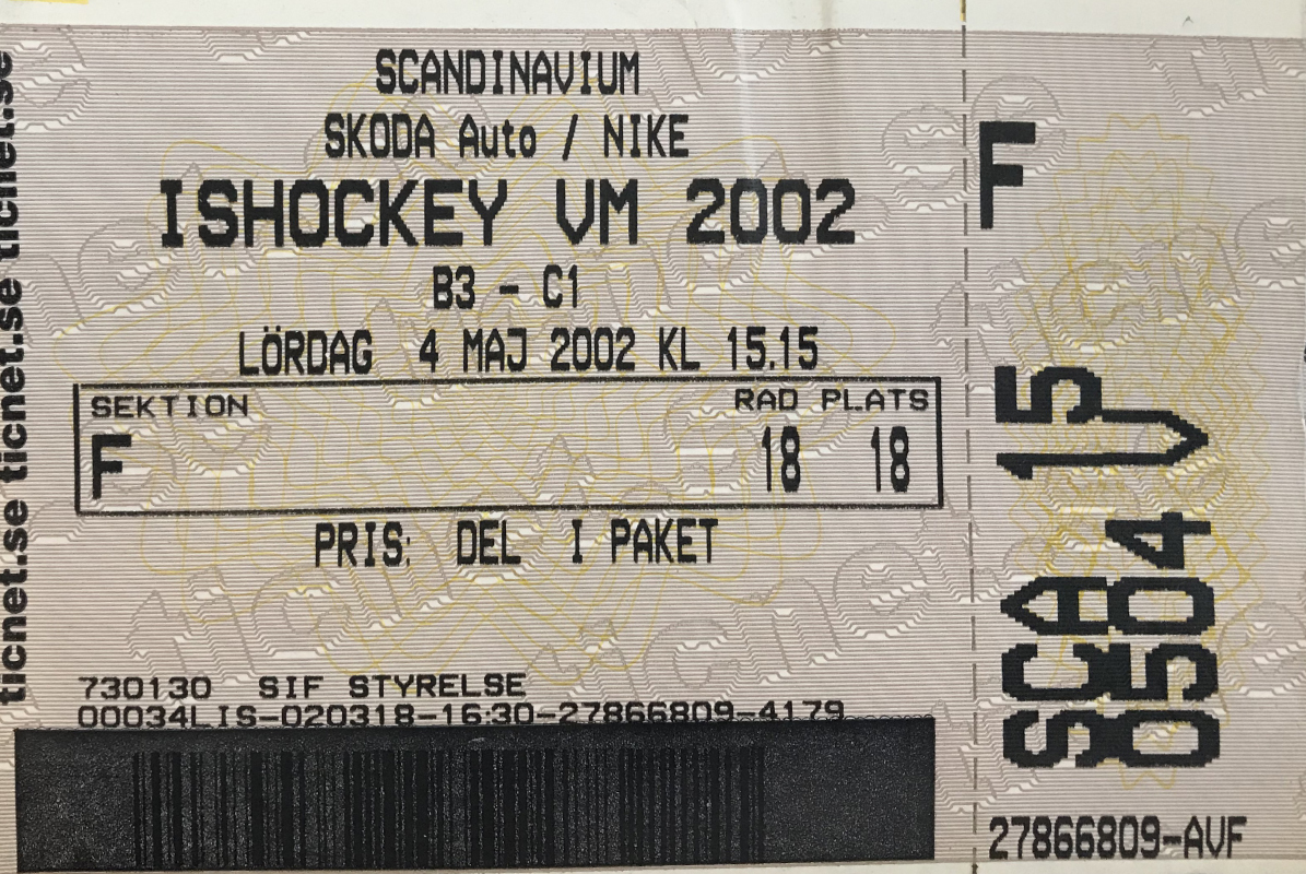 Biljett till Ishockey-VM 2002.
