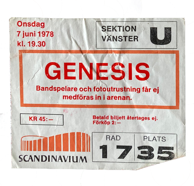  Konsertbiljett till Genesis den 7 juni 1978. Biljettkostnad 45 kronor.
