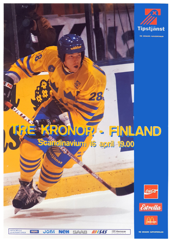Poster för en landskamp mellan Tre Kronor och Finland.