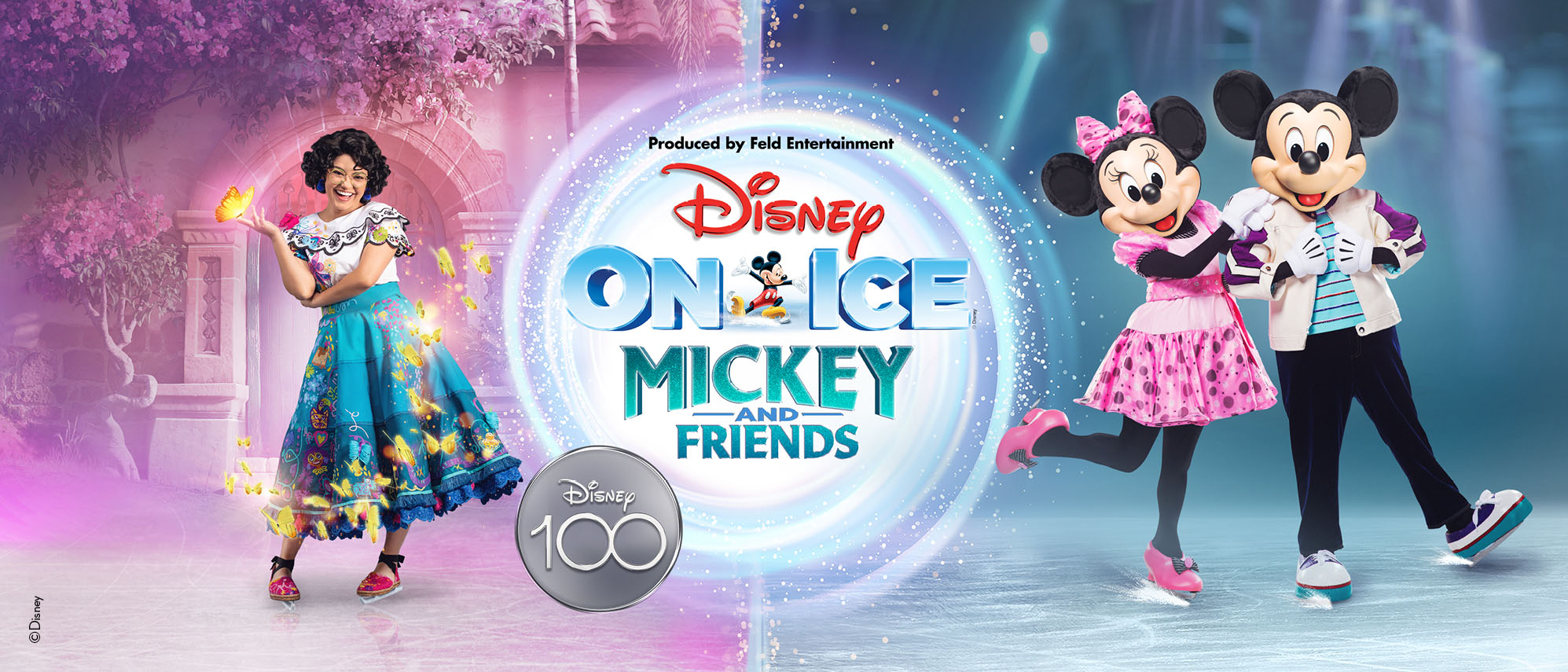 Produced by Feld Entertainment. Disney On Ice. Mickey and Friends. Disney 100.