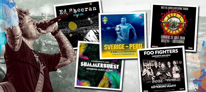 Collage: Ed Sheeran performs at Ullevi. Event posters for a football match between Sweden and Peru, Summerburst, Foo Fighters and Guns n roses.