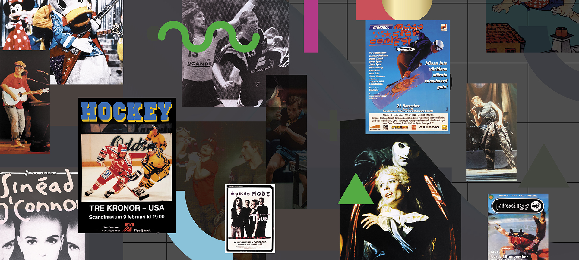 Ett kollage med bilder från evenemang på Scandinavium under 1990 till 1999. Bland annat syns Sinead o'connor, Depeche Mode, David Bowie och Prodigy.