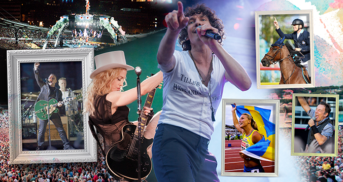 Collage: U2, Madonna, Håkan Hellström and Bruce Springsteen performing at Ullevi. Sanna Kallur with the Swedish flag after winning gold in the 100 meter hurdles. Peder Fredricson on horseback during the European Championships in equestrian sports.