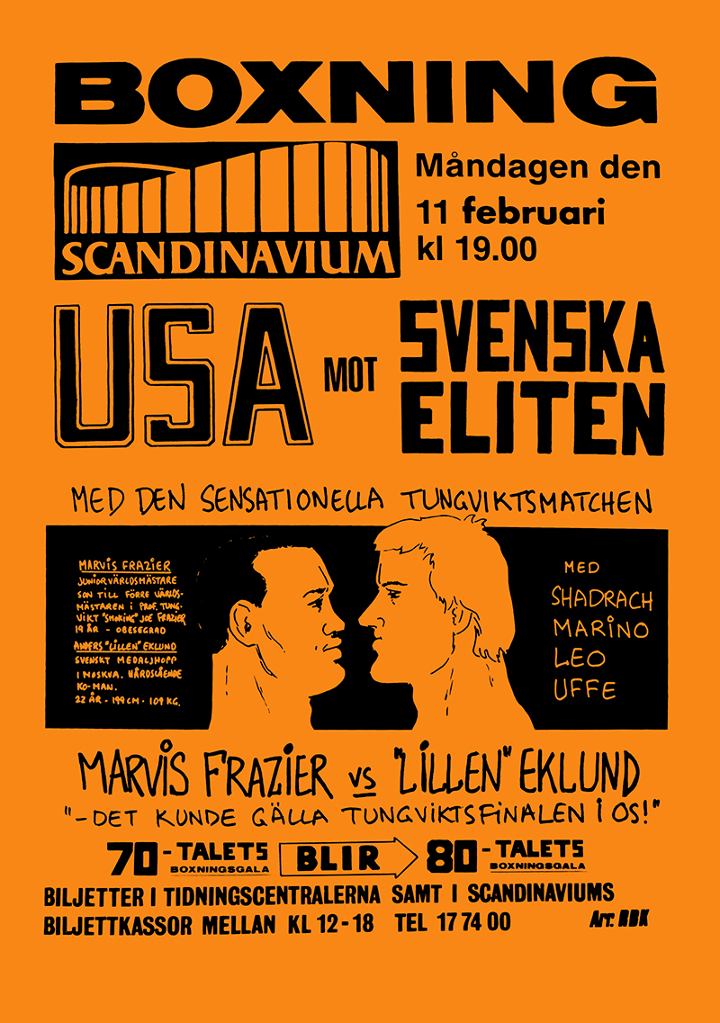 Poster för den sensationella boxningsmatchen mellan Marvis Frazier och Lillen Eklund.