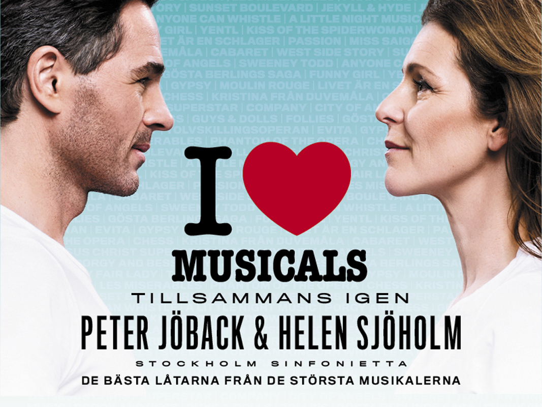Poster för I love musicals med Peter Jöback och Helen Sjöholm.