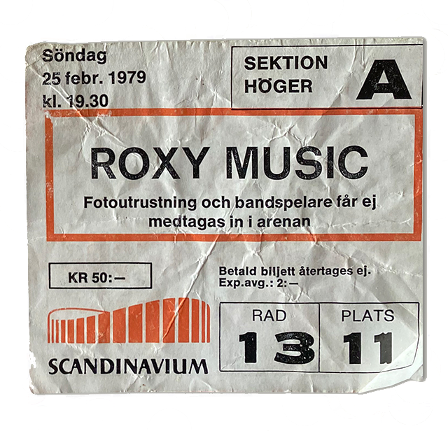 Konsertbiljett till Roxy Music den 25 februari 1979. Biljetten kostade 50 kronor.