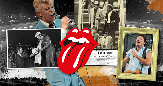 Collage: David Bowie in a light blue suit at Ullevi. Anders Michanek who is congratulated by King Carl XVI after winning the Swedish Championship in Speedway. Rolling Stones walking down a couple of stairs before their concert. Bruce Springsteen with a microphone. A large audience watching when Frölunda and Djurgården meet in an ice hockey match. A concert ticket to David Bowie. A Rolling Stones logo consisting of a mouth with the tongue out.