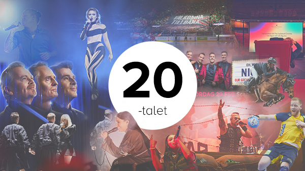 Ett kollage med bilder från evenemang på Scandinavium under 2020 och 2021. Bland annat syns Zara Larsson, Sabaton, Miriam Bryant, Jim Gottfridsson och GES.