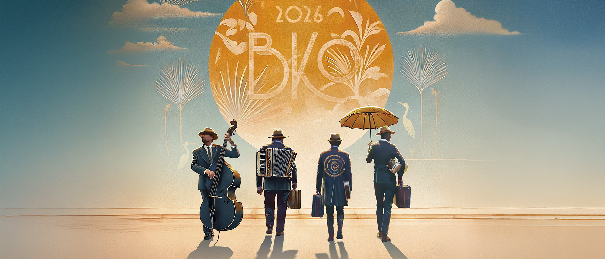 Tecknade figurer av bandmedlemmarna i Bo Kaspers Orkester går i soluppgången i ett ökenlandskap.