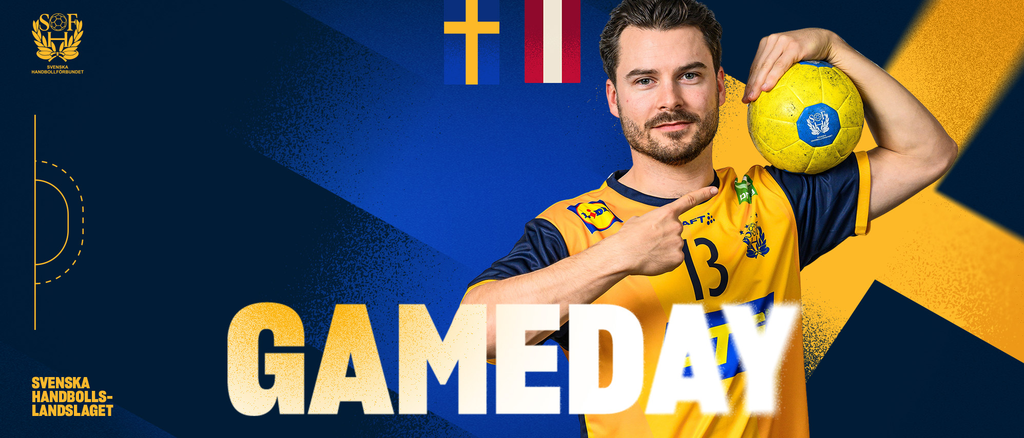En handbollsspelare som pekar på en handboll. Texten gameday och Sveriges och Österrikes flaggor.