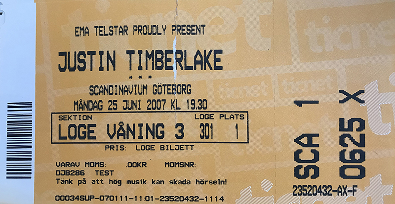 Konsertbiljett till Justin Timberlake.