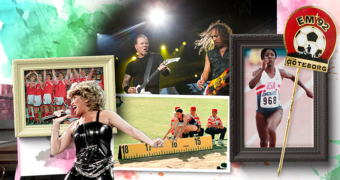 Collage: Tina Turner and Metallica performing at Ullevi. Jonathan Edwards who jumps in triple jump and Gwen Torrence who runs 100 meters during the World Cup. A pin that says EM 92 Gothenburg on it.