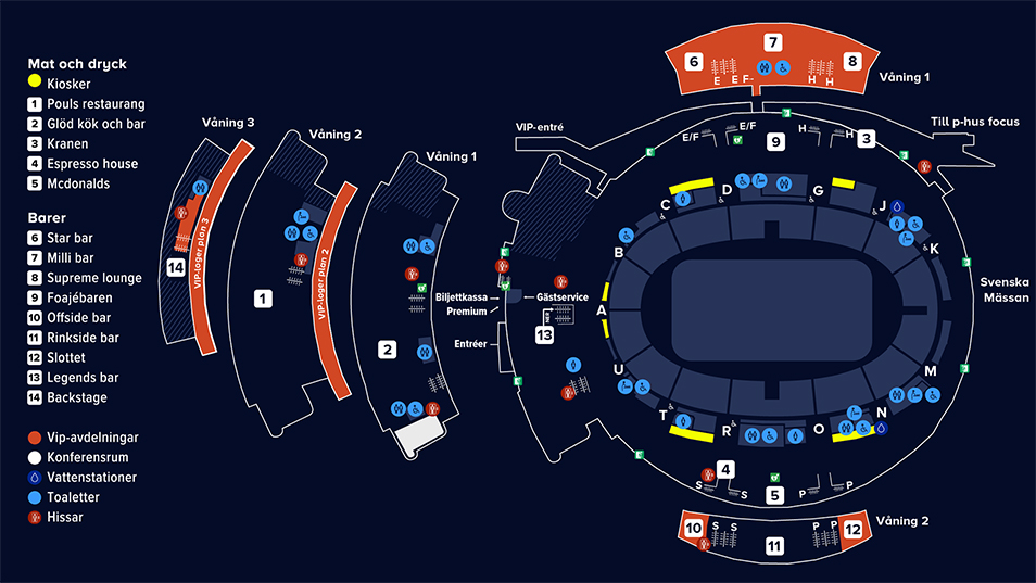 Scandinavium has one main entrance. From there there are stairs to Glöd Kök & Bar and Pouls Restaurang. Around the whole arena there are several restaurants, bars, kiosks, wardrobes and toilets.