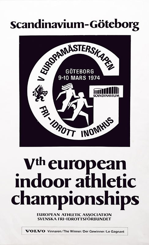 Evenemangposter. Europamästerskap Fri-idrott inomhus. Göteborg 9-10 mars 1974.